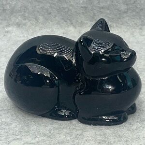Vintage Black Glass Sitting Cat Figurine 3.5” Long Solid Hallmark Crowning Touch